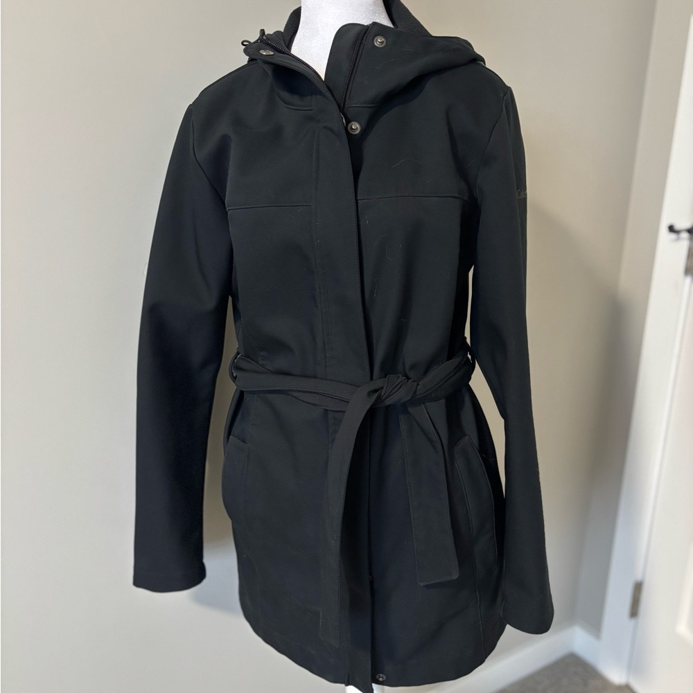Columbia Black Hooded Trench Coat- medium weight